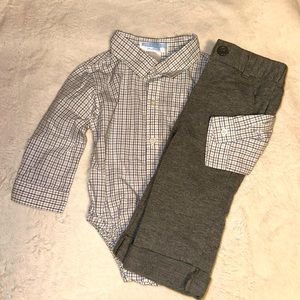 JANIE AND JACK PLAID BUTTON DOWN BODYSUIT 6-12 MONTHS & CHEROKEE PANTS 9 MOS